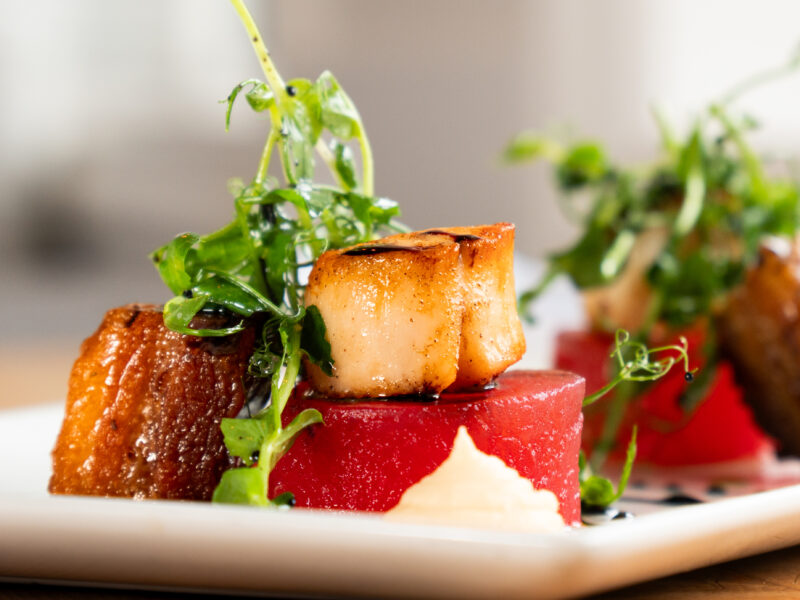 Table Food Drink Pork Belly Scallops