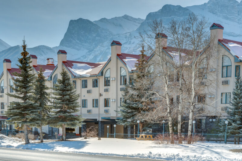 Chateau winter exterior mountain trees no sign