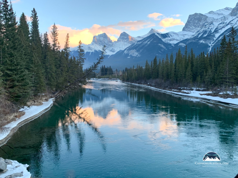 Canmore's Three Sisters viewed from the Bow River